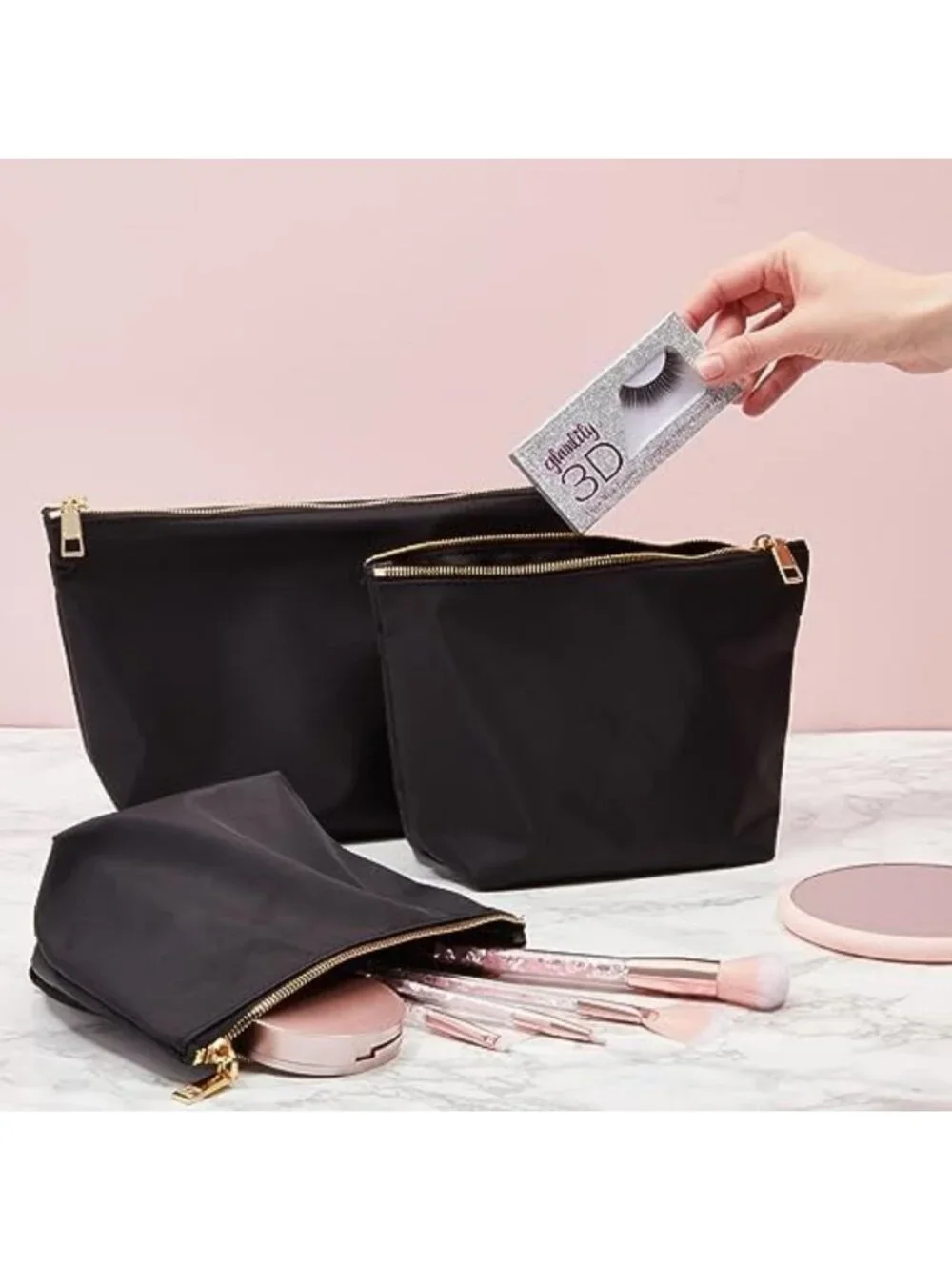 3-Piece Black Makeup Bag Set for Women | Nylon Zipper Cosmetic Pouches for